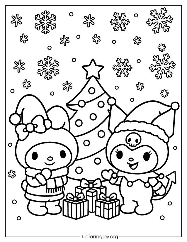 Festliches Weihnachts-Malblatt mit My Melody und Kuromi in Weihnachtsmützen neben einem geschmückten Baum, umgeben von Geschenken und fallenden Schneeflocken.