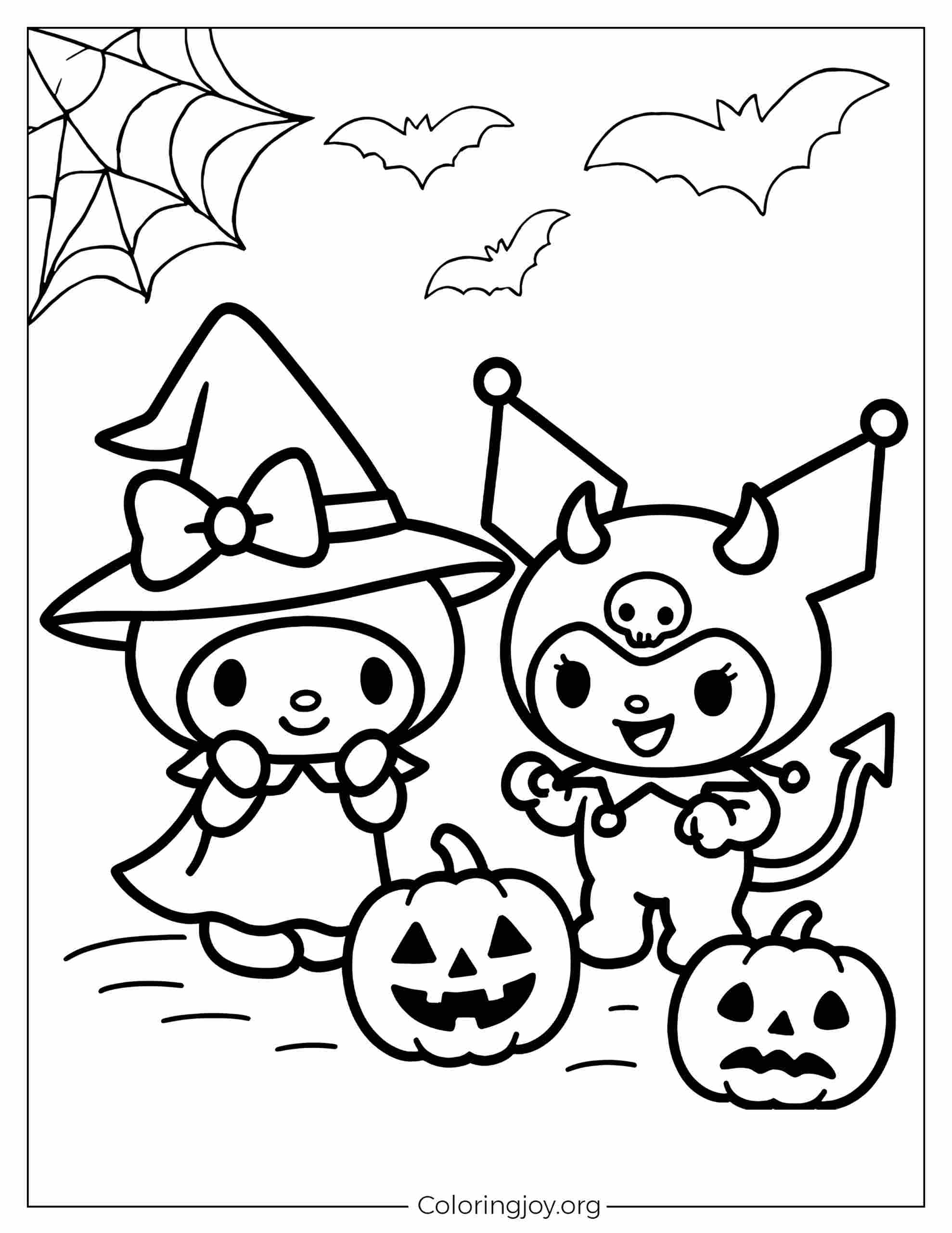 Niedliche Halloween-Malseite mit My Melody als Hasenhexe und Kuromi als Teufel, mit Kürbissen, Fledermäusen und Spinnennetzen.