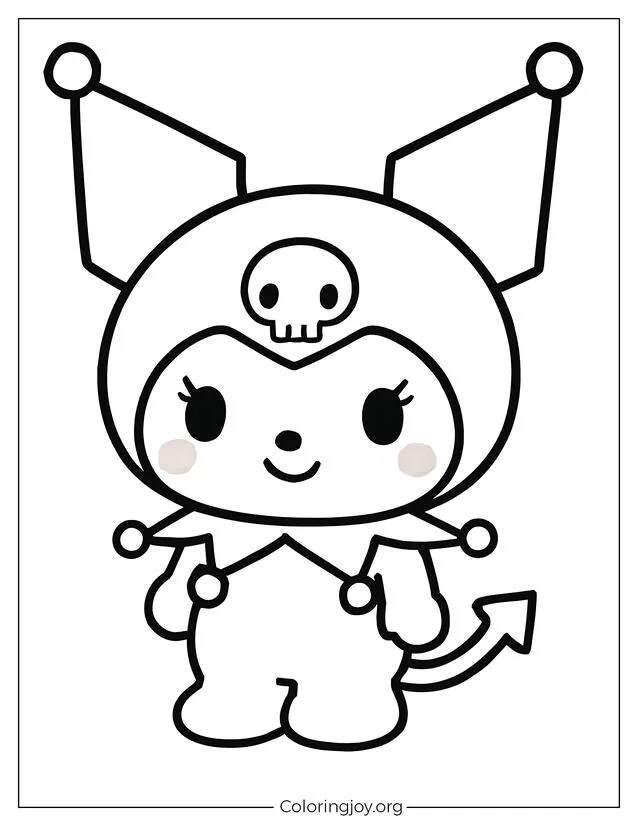 Kuromi zeigt eine bezaubernde Pose mit rosigen Wangen und einem verspielten Lächeln, sie trägt ihren charakteristischen Narrenhut und das Totenkopf-Emblem.