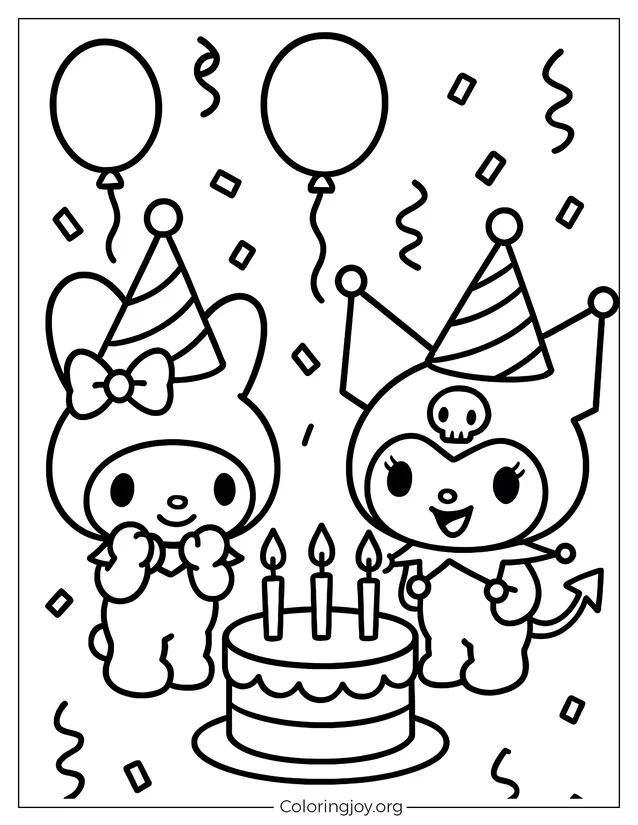 Entzückende Geburtstags-Malvorlage mit My Melody und Kuromi in Partyhüten neben einer großen Torte, umgeben von Luftballons und Konfetti.