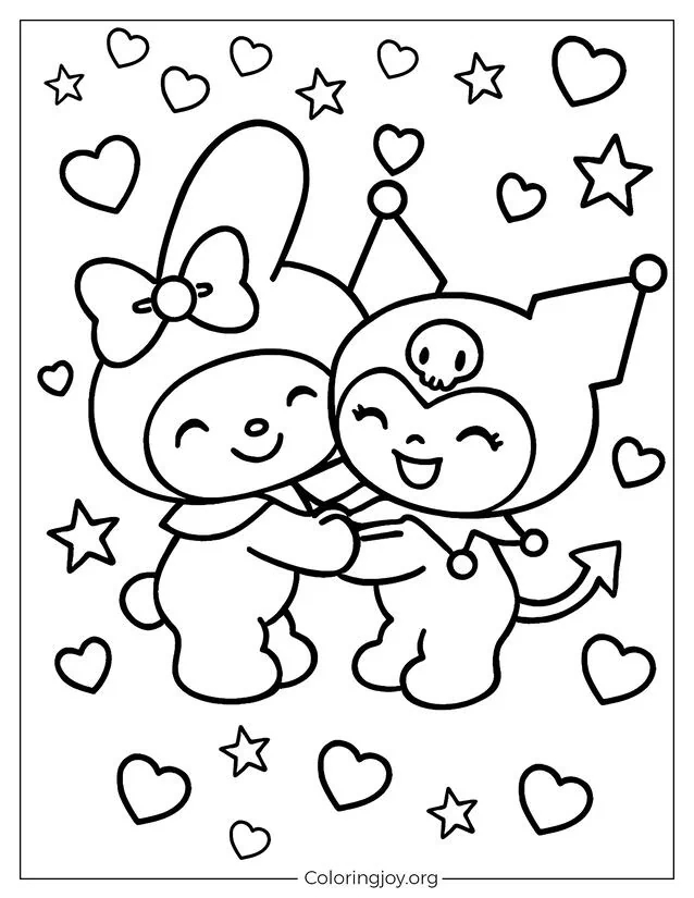 My Melody und Kuromi umarmen sich liebevoll, umgeben von Herzen in einer süßen Freundschaft.