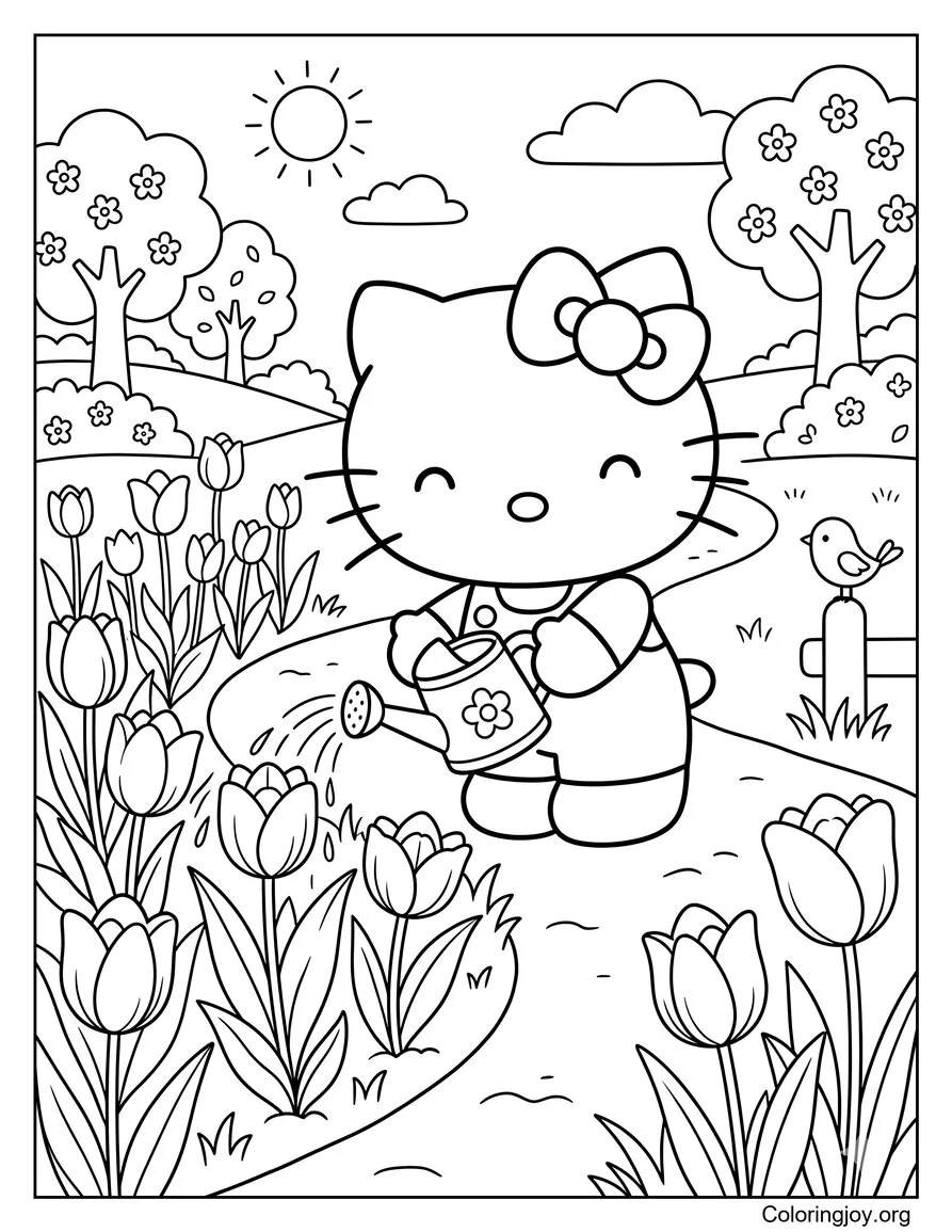 Regando tulipanes en primavera con Hello Kitty página para colorear