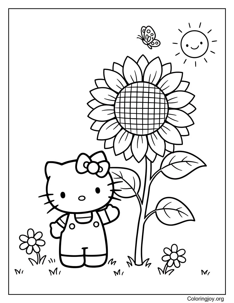 Hello Kitty Oliendo un girasol gigante página para colorear