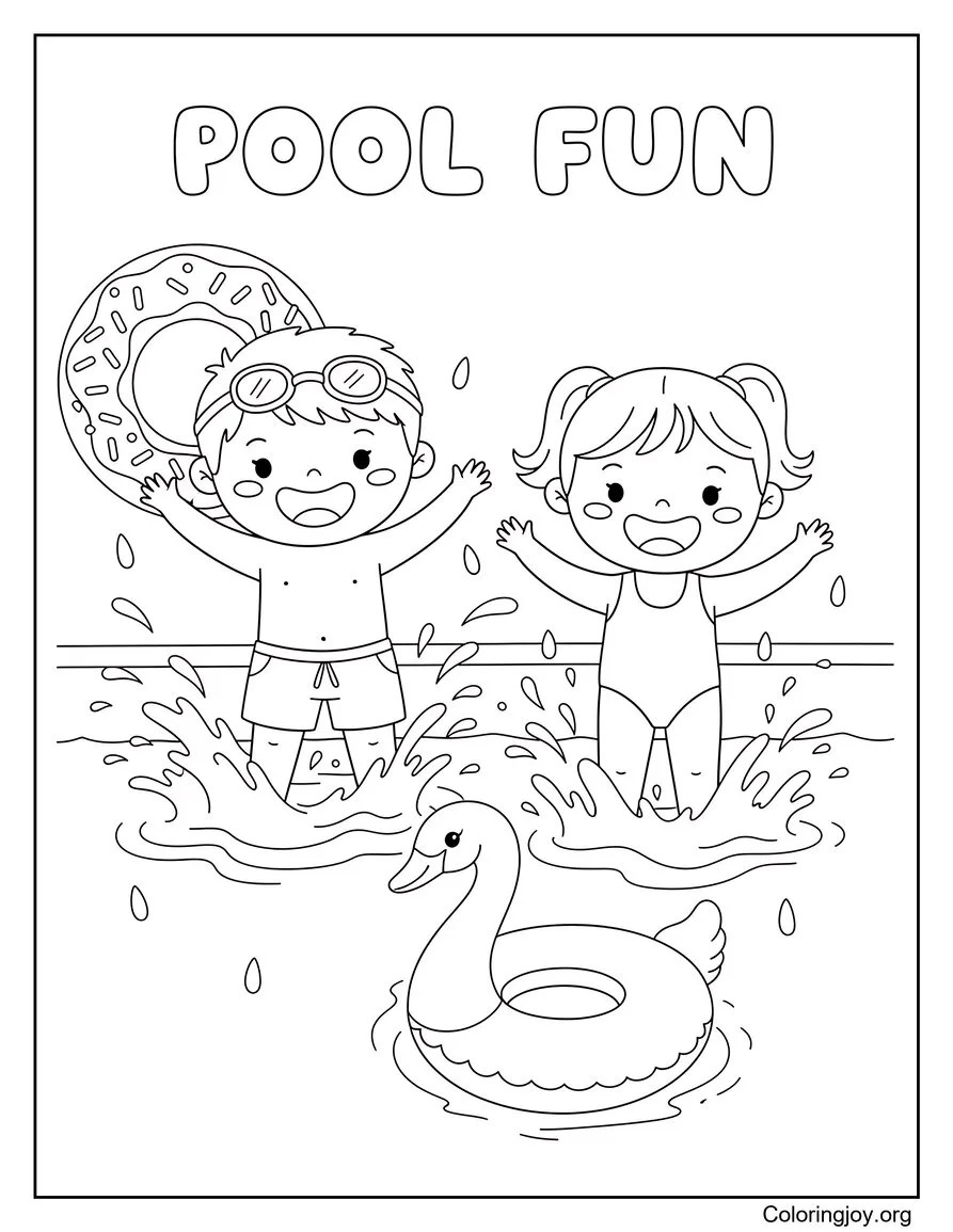 Pagina da colorare estiva divertente in piscina per attività per bambini disegno da colorare