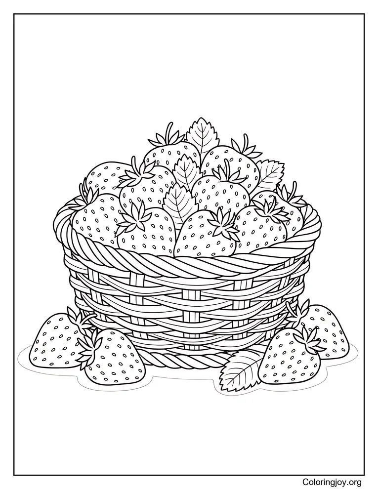 Cesta llena de fresas maduras, algunas desbordadas, con hojas debajo.