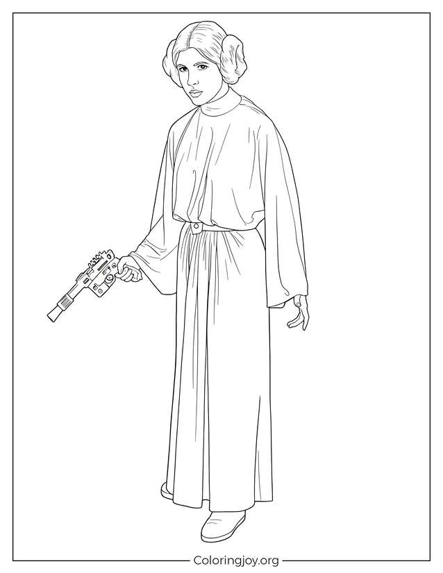 Princesa leia con una pistola en la mano página para colorear