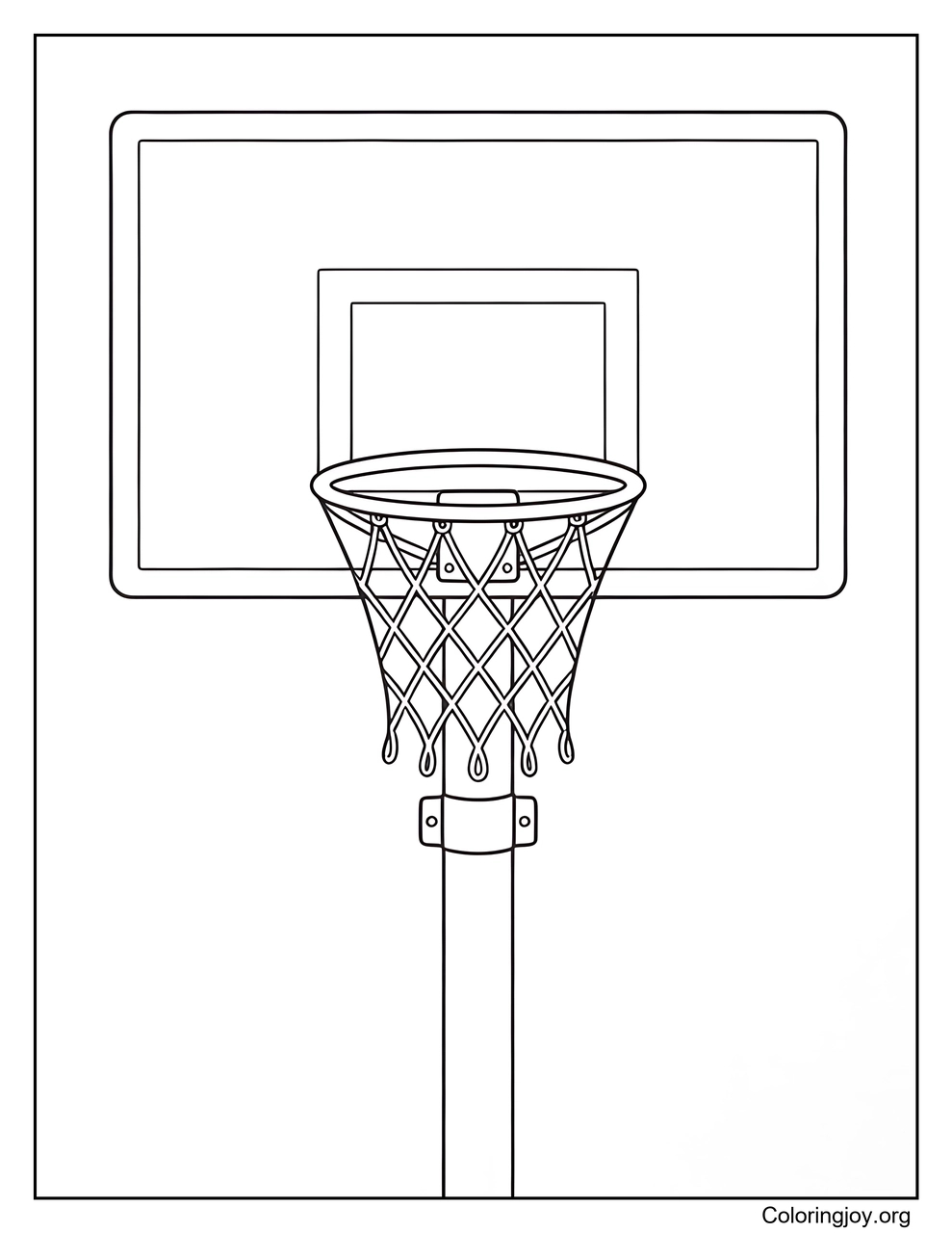 A basketball hoop and backboard are shown in close view.