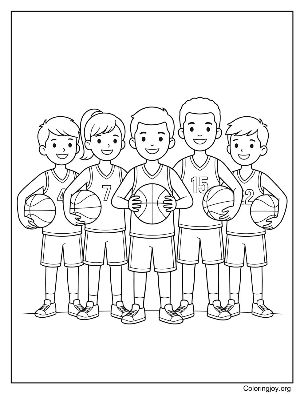Five teammates stand together with basketballs.
