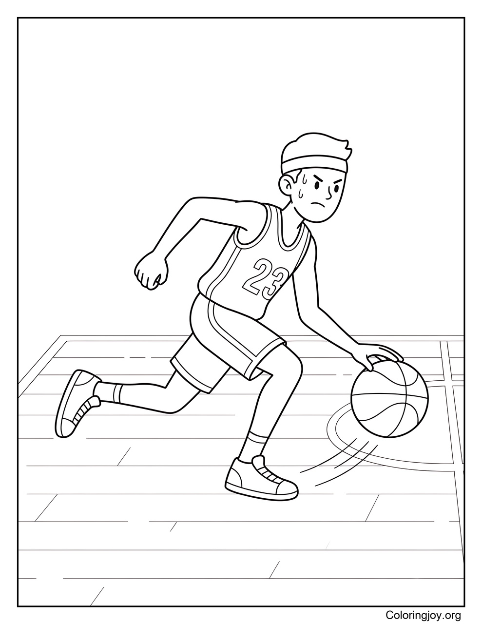 A player dribbles the basketball across the court.