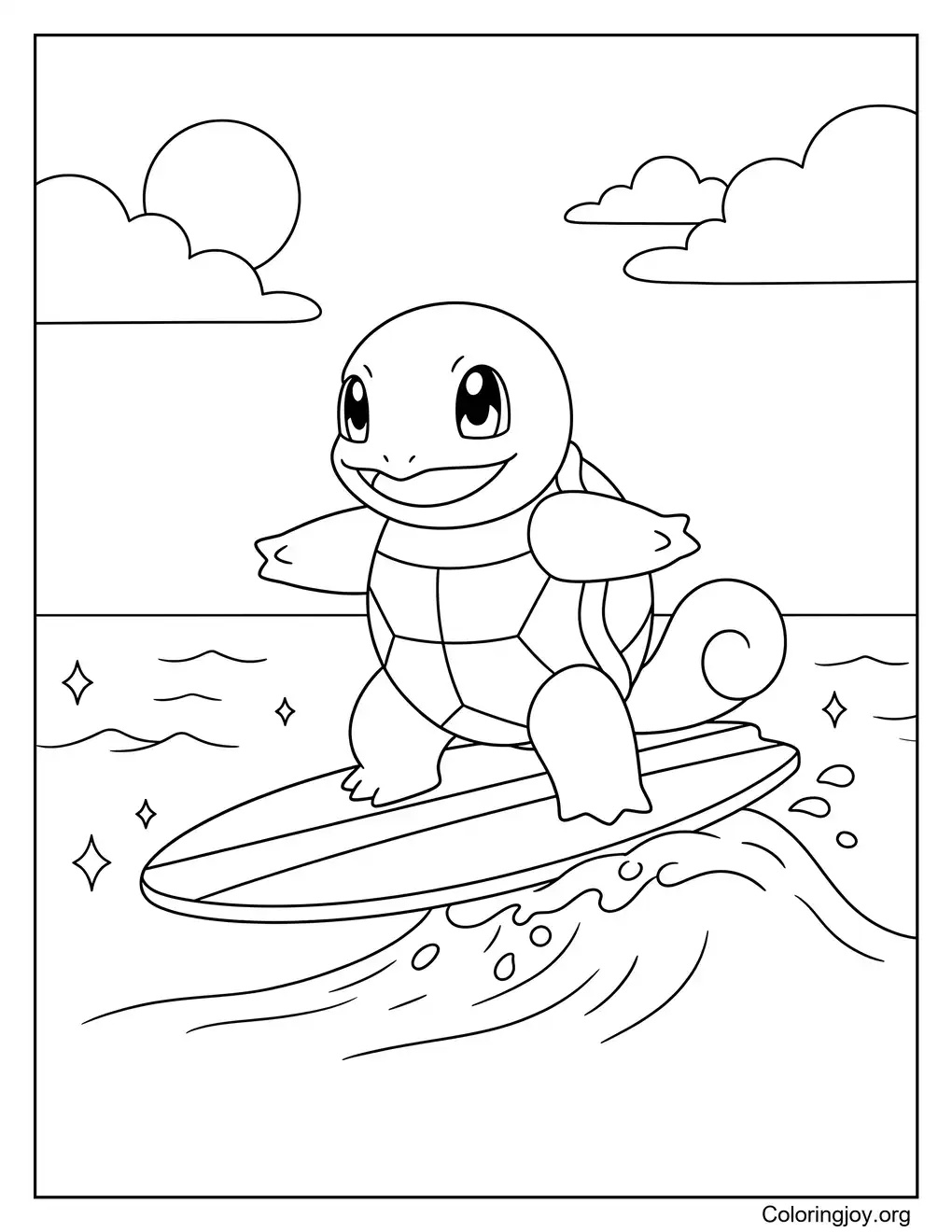 Feuille de coloriage de style simple de scène de surf Squirtle