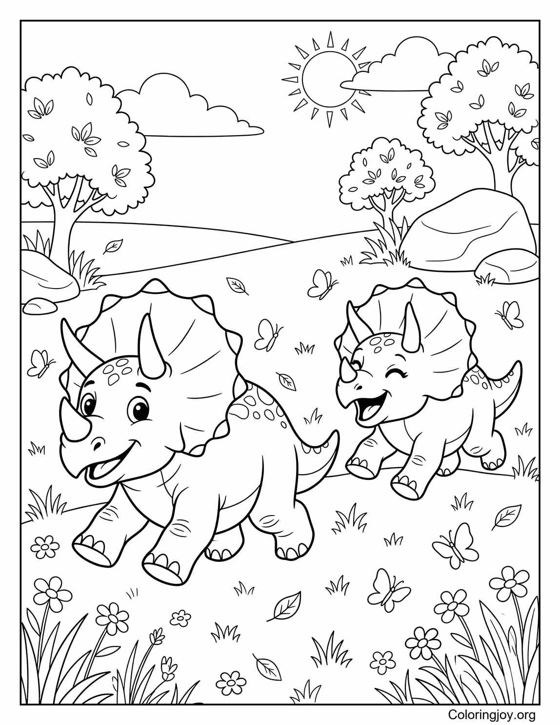 Two Triceratops Playing Together Coloring Page for Kids