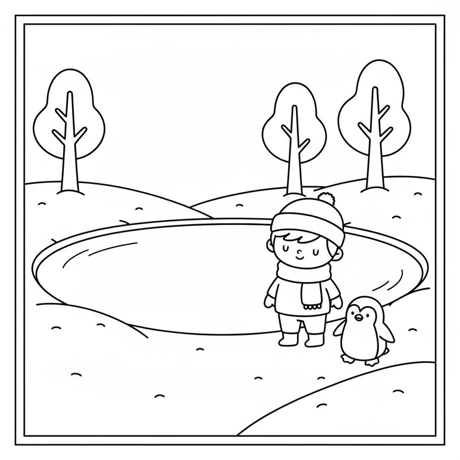 Página para colorear de estanque congelado de enero