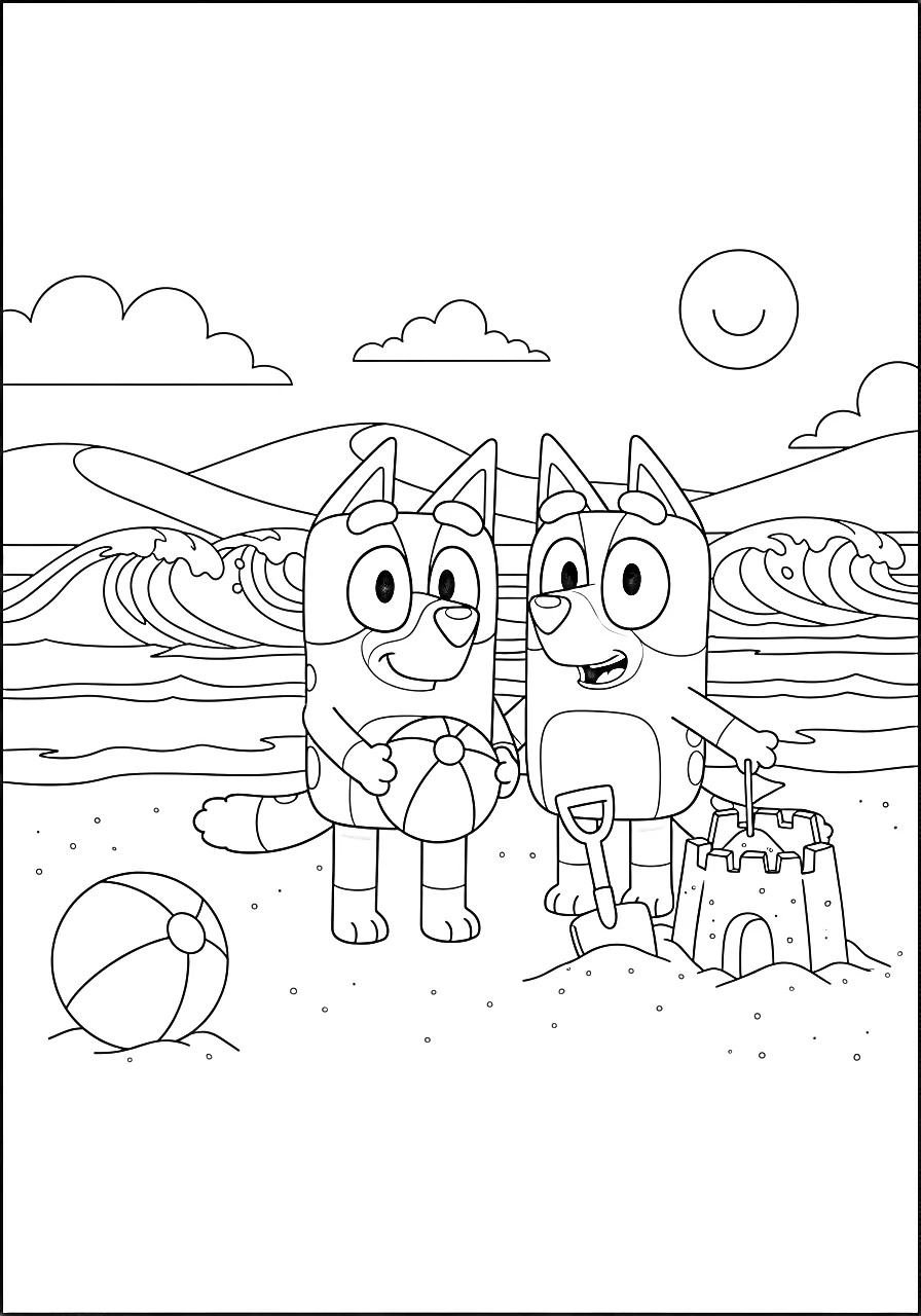 Bluey y Bingo Página para colorear divertida en la playa de verano