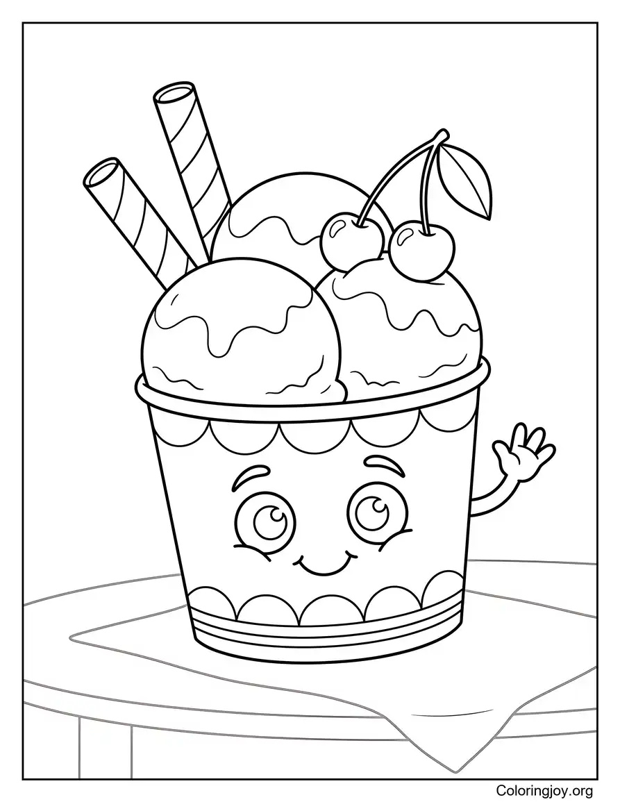 Ice Cream Cup With Cherries And Wafers Topping coloring page