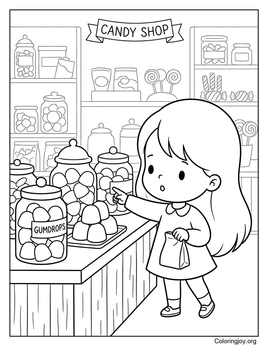 Niña comprando Gumdrops gigante en una tienda de dulces página para colorear