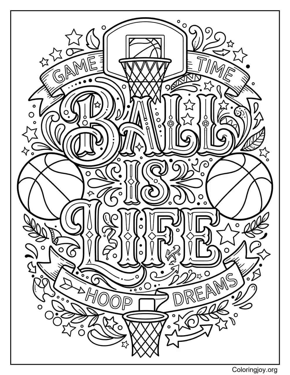 Basketball word art features creative letters and sports designs.