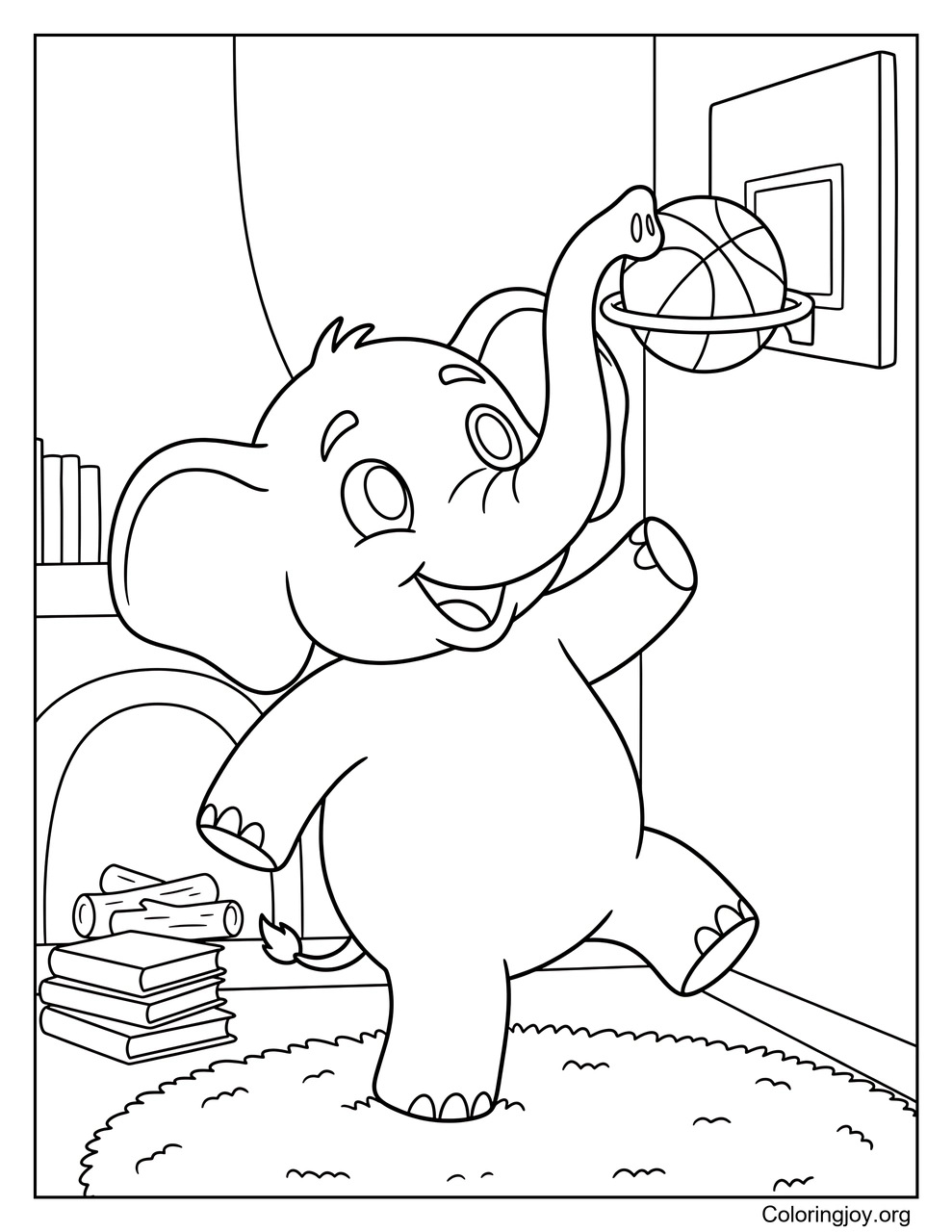 A playful elephant shoots baskets with friends.
