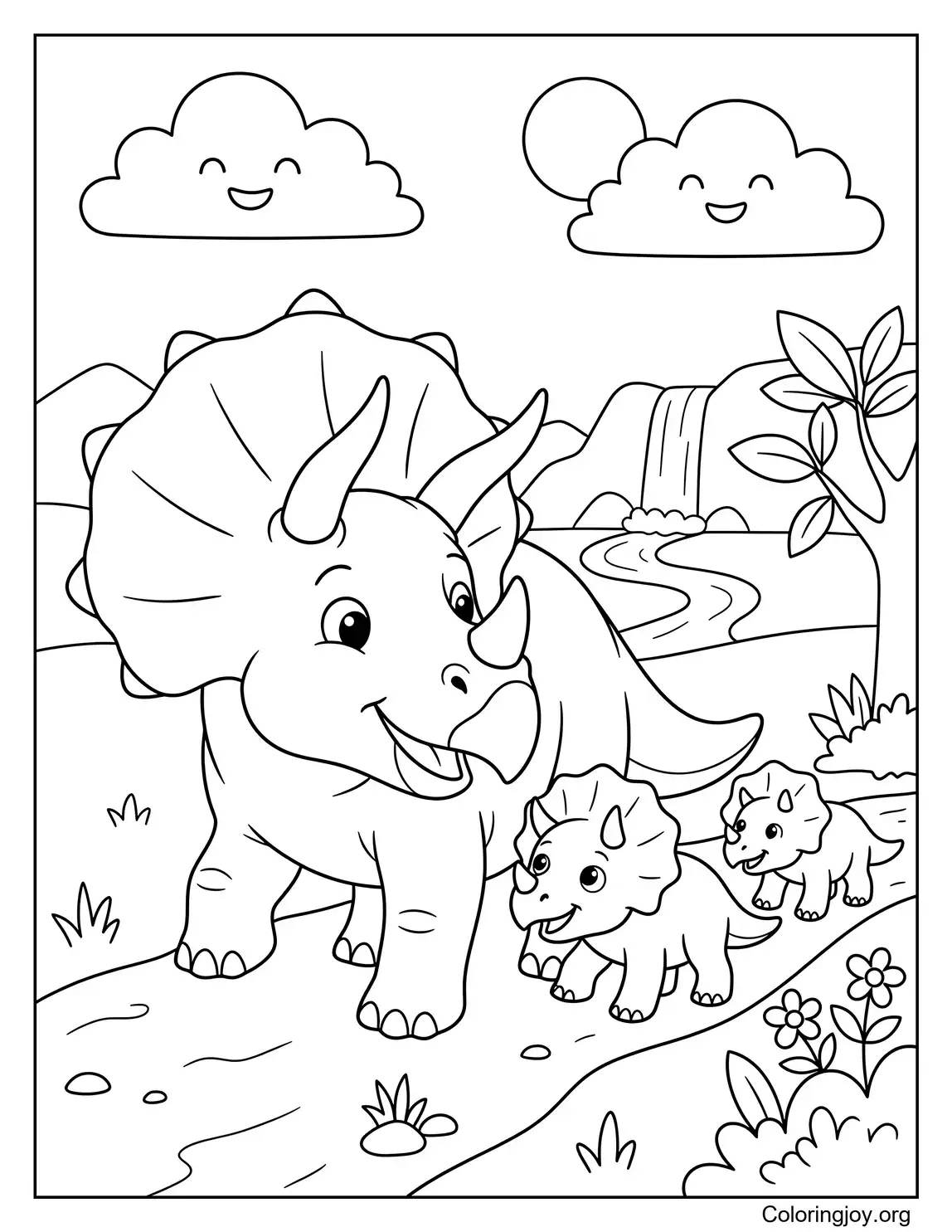 Friendly Triceratops Family Walking Together Coloring Page