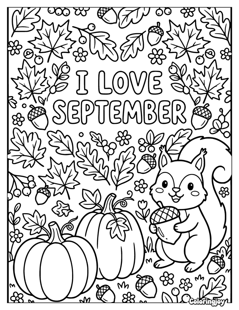 I Love September Autumn Coloring Page