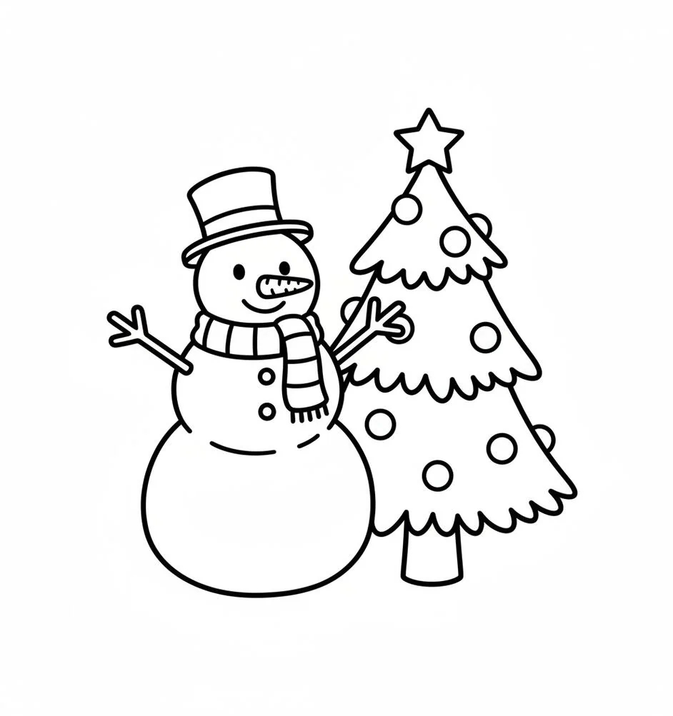 Eenvoudige sneeuwman en kerstboom