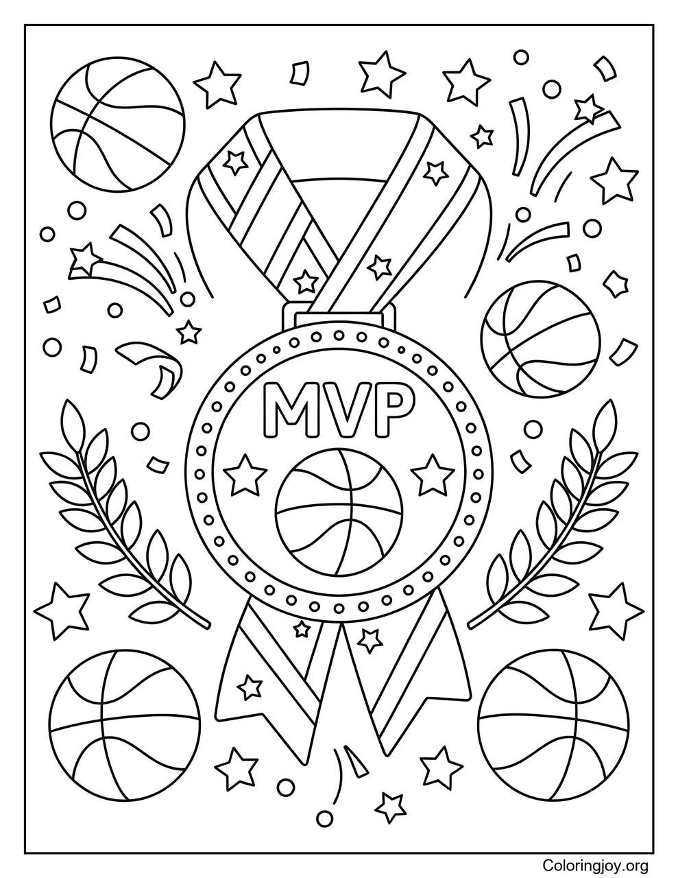 A large MVP medal features basketball themed decorations.