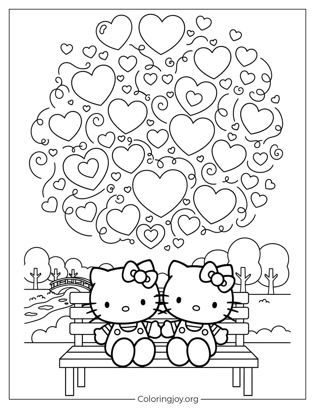 San Valentín Pareja temática Hello Kitty página para colorear