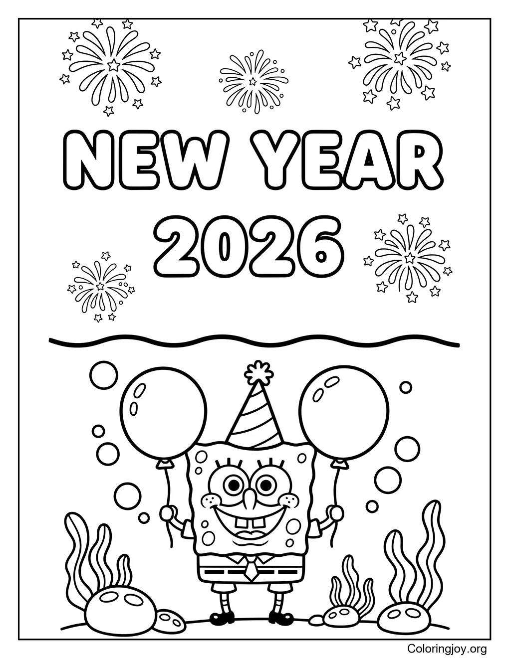 SpongeBob New Year 2026 coloring sheet coloring page