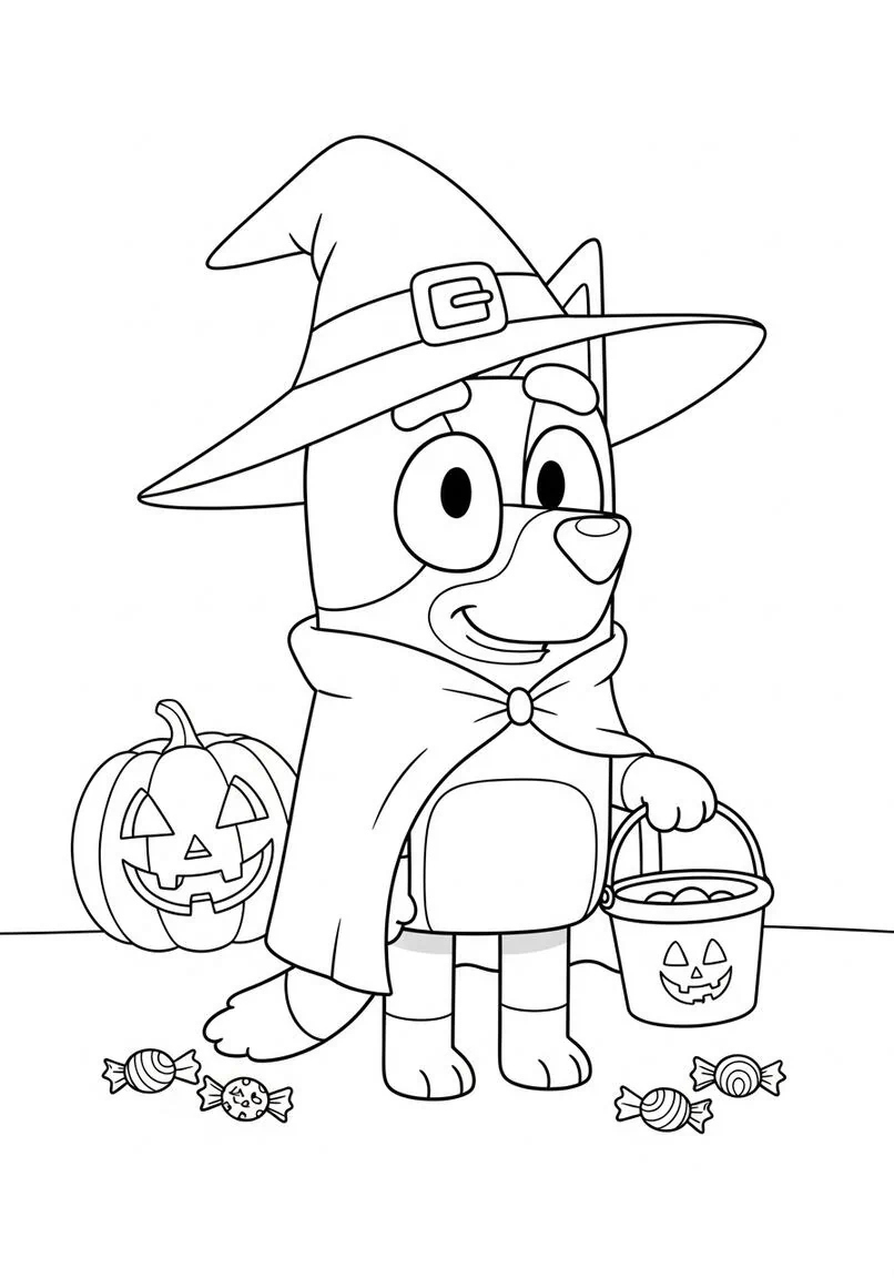 Bluey Página para colorear disfraz de bruja de Halloween