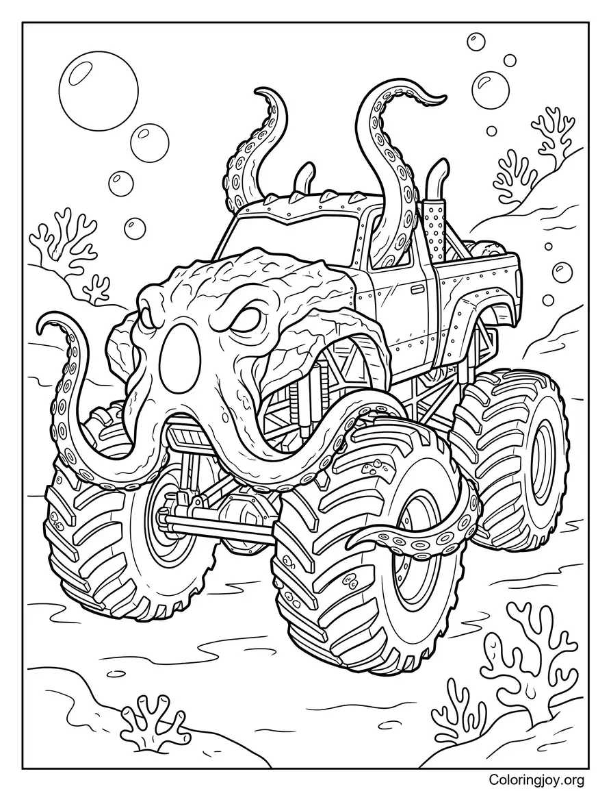 Kraken Monster Truck Outline coloring page