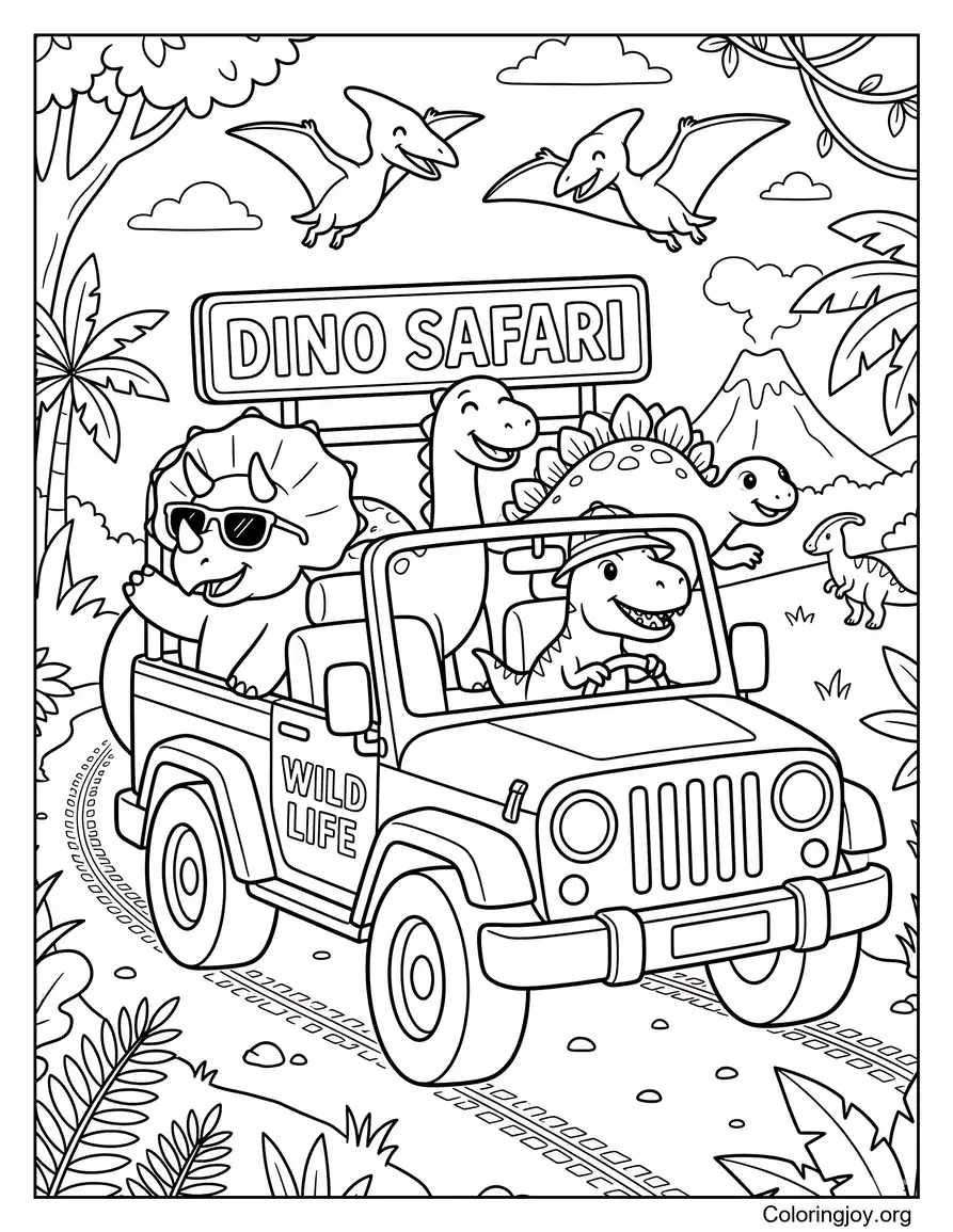 Dinosaur Safari Jeep Scene coloring page