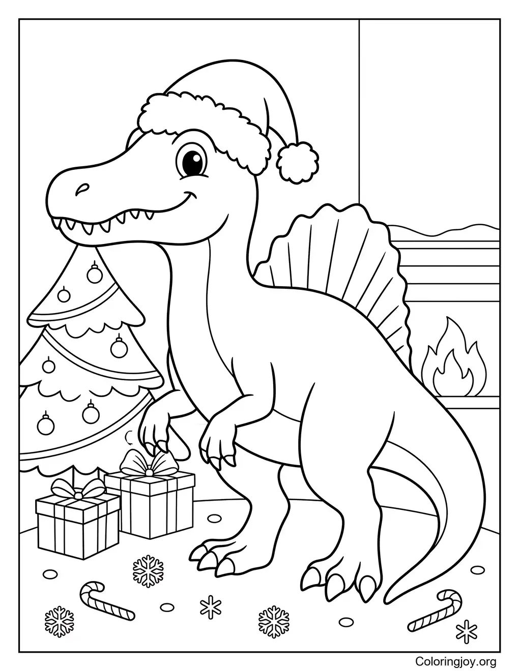 Weihnachts-Spinosaurus-Malseite mit einer Weihnachtsmütze