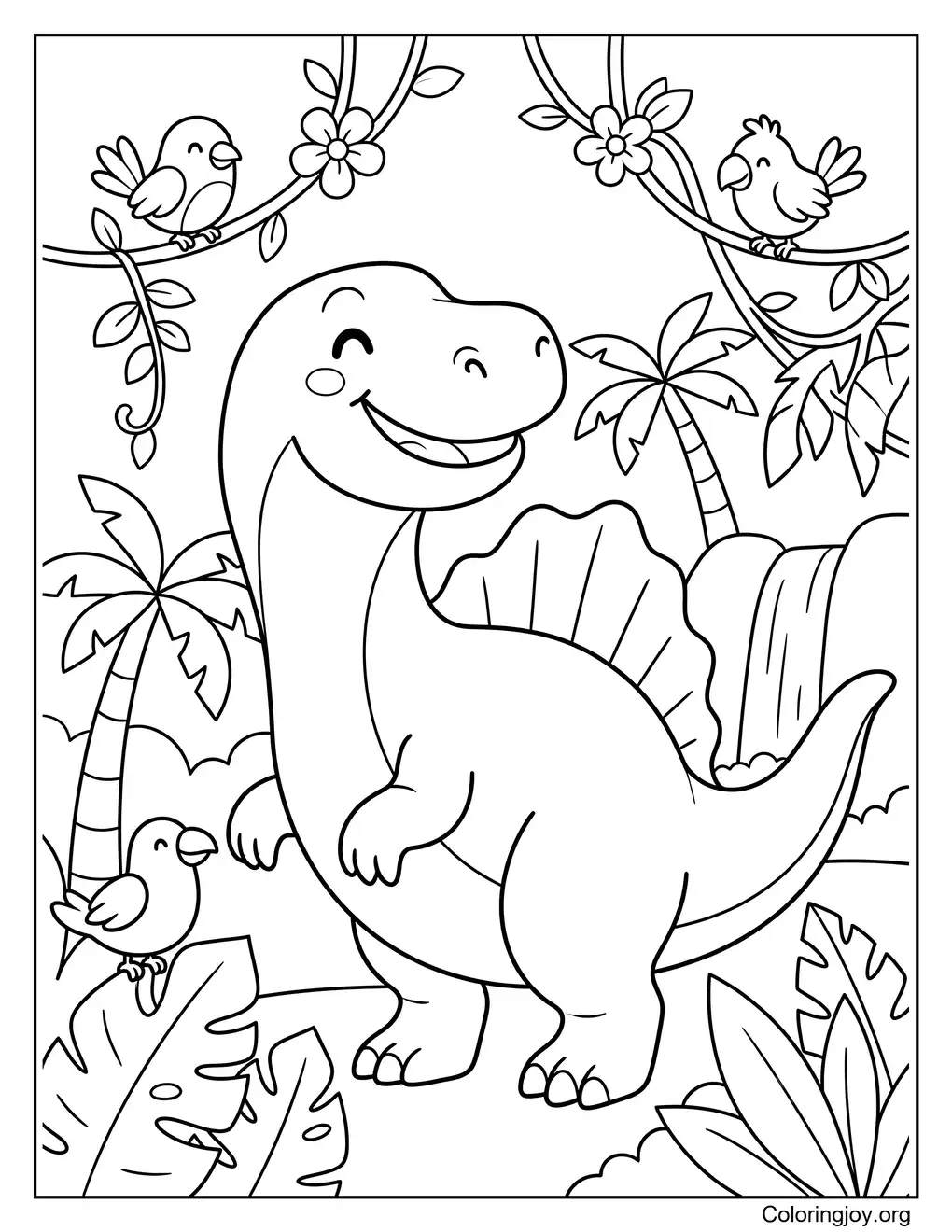 Niedliche Cartoon-Spinosaurus-Malseite im Dschungel