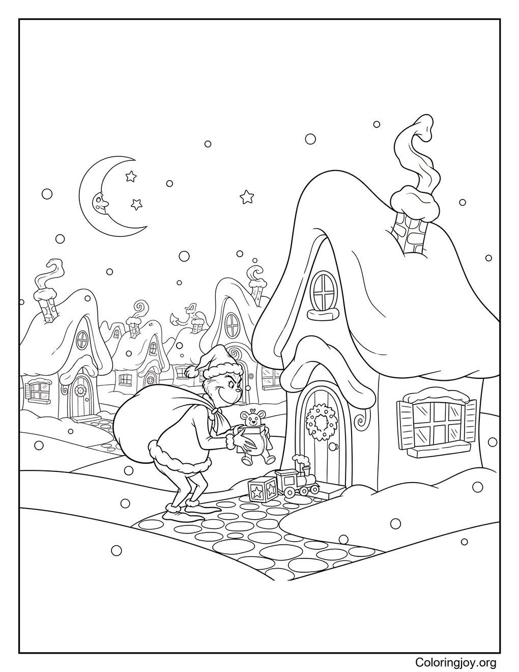 grinch delivering gifts in whoville coloring page