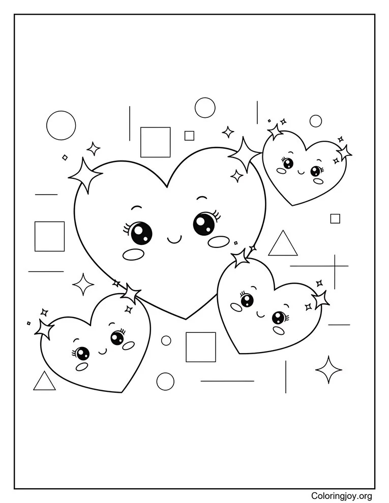 Caras de corazones kawaii página para colorear
