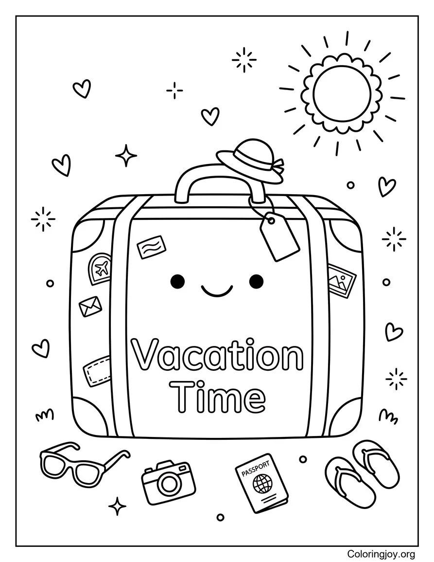 Pagina da colorare di viaggi per le vacanze estive stampabile divertente disegno da colorare