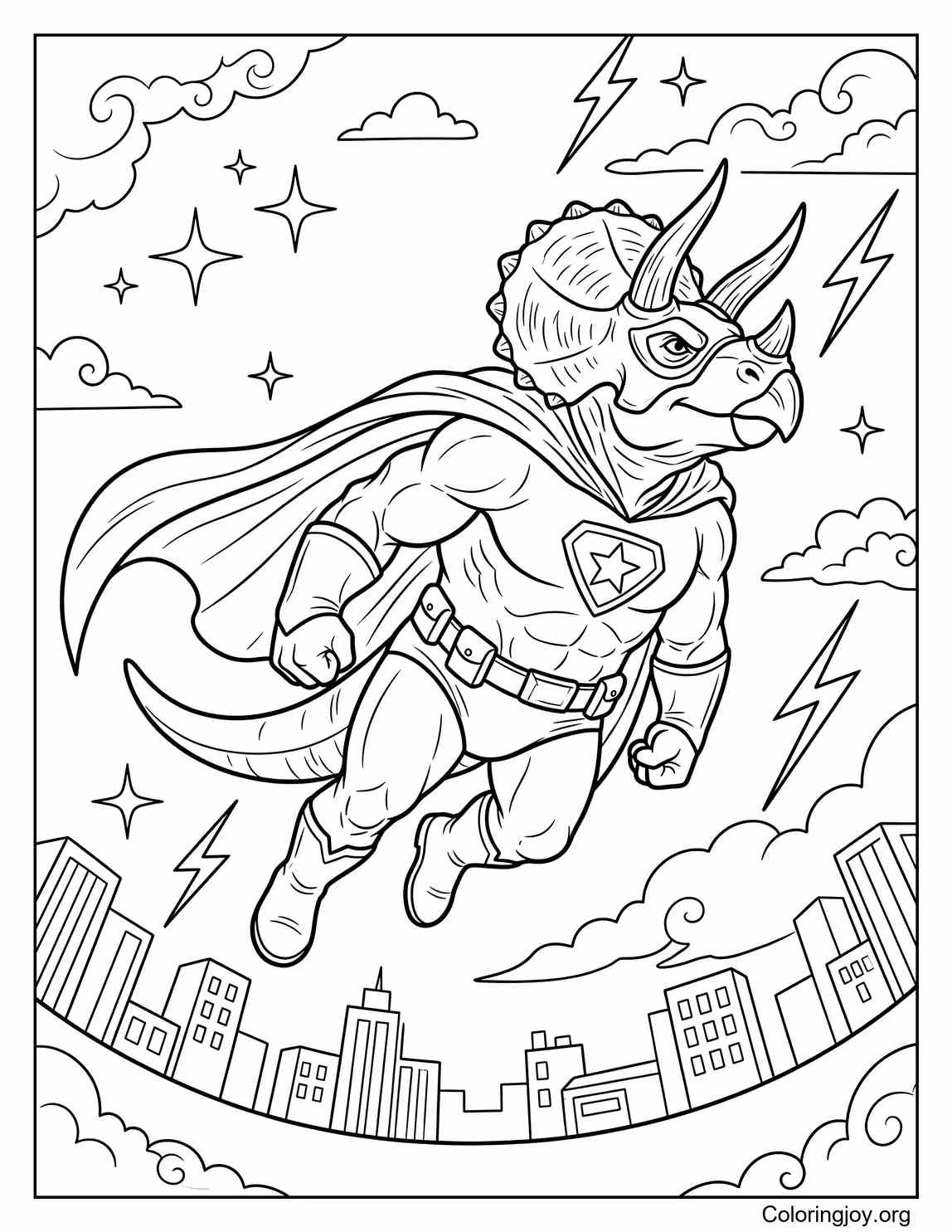 Superhero Triceratops Flying Through Sky Coloring Page