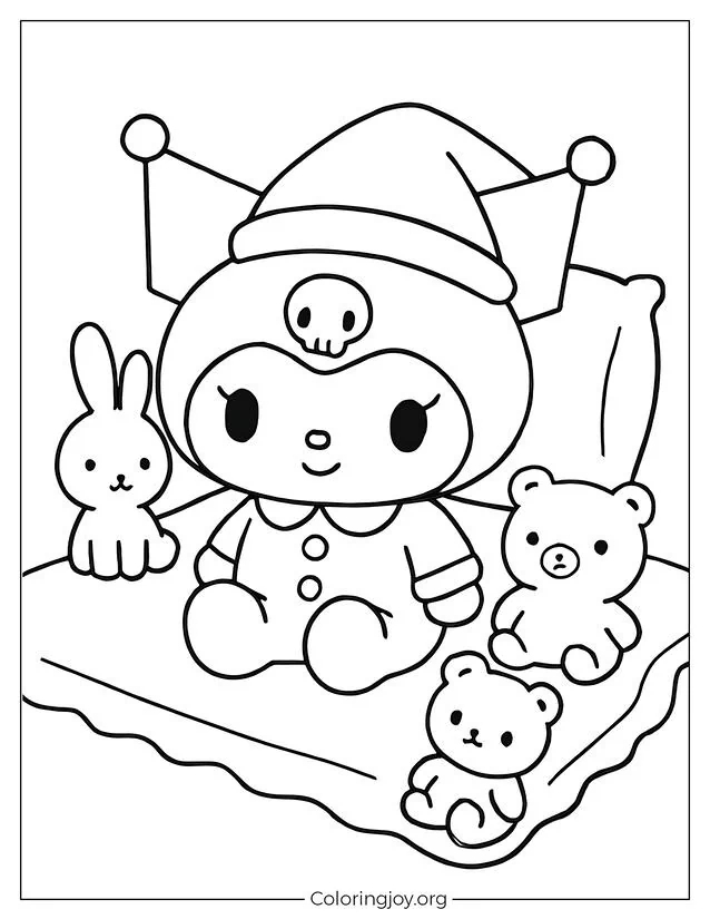 Kuromi veranstaltet eine gemütliche Pyjama-Party mit ihren Lieblingskuscheltieren auf dieser süßen Farbseite.
