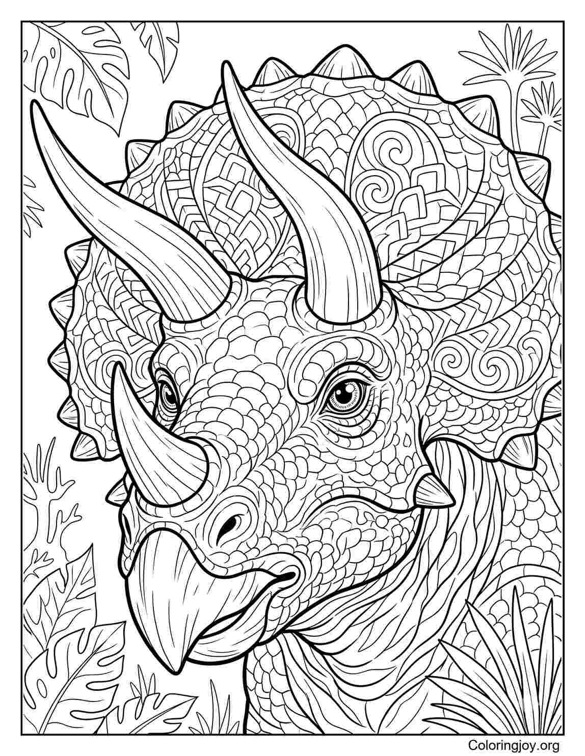 Triceratops Face Close-Up With Big Horns Coloring Page