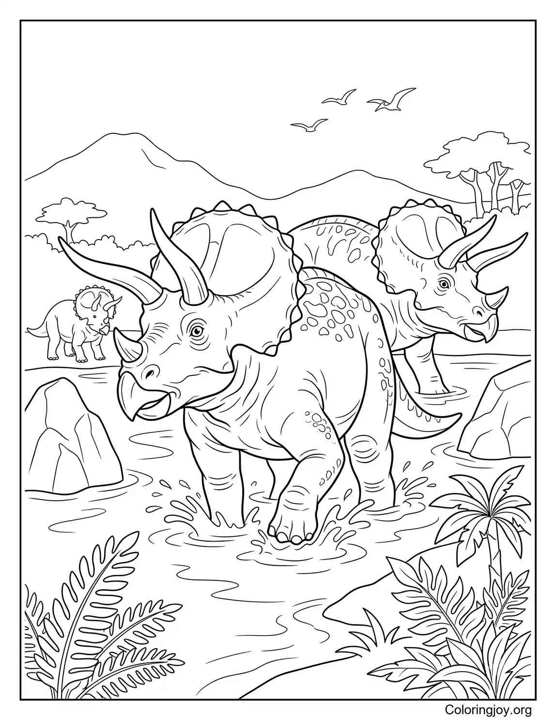 Triceratops Herd Crossing River Coloring Page Scene