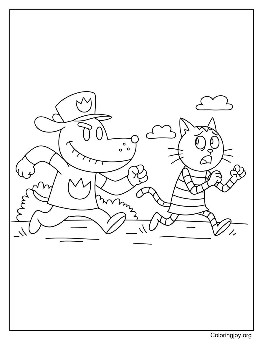 Dog Man Persiguiendo al gato Petey página para colorear