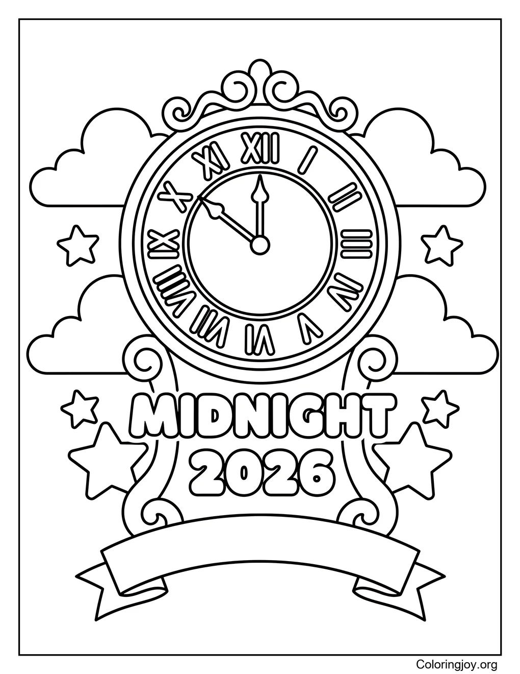 Midnight 2026 clockto color coloring page