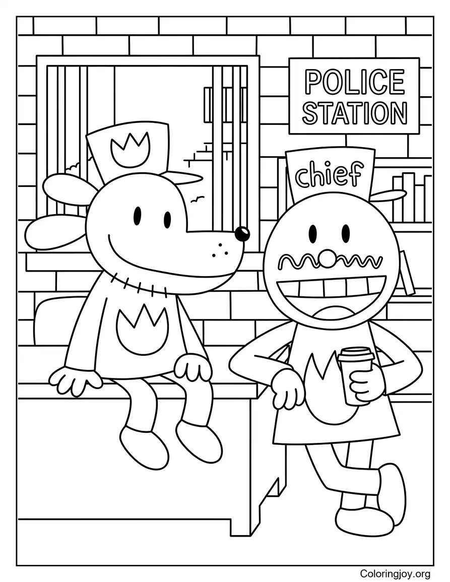 Dentro de la Comisaría con el Jefe y Dog Man página para colorear