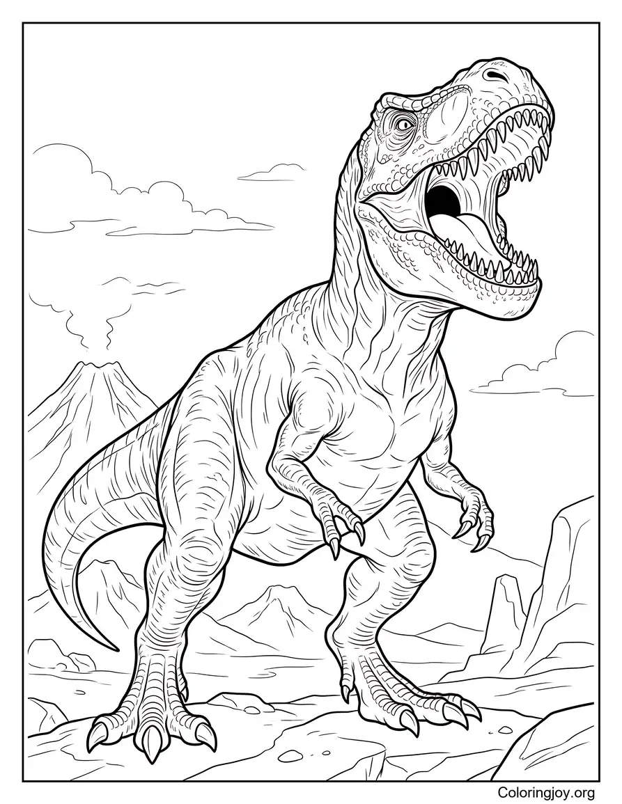 Realistic Roaring T-Rex Near Volcano coloring page