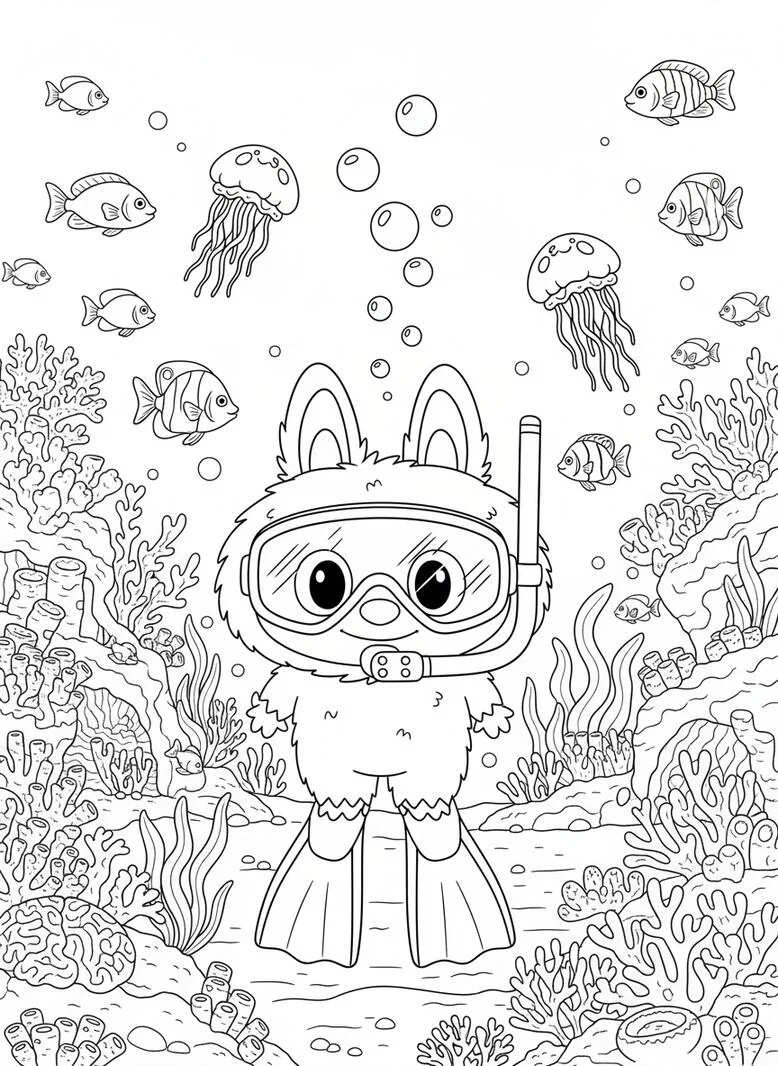 Labubu página para colorear bajo el agua