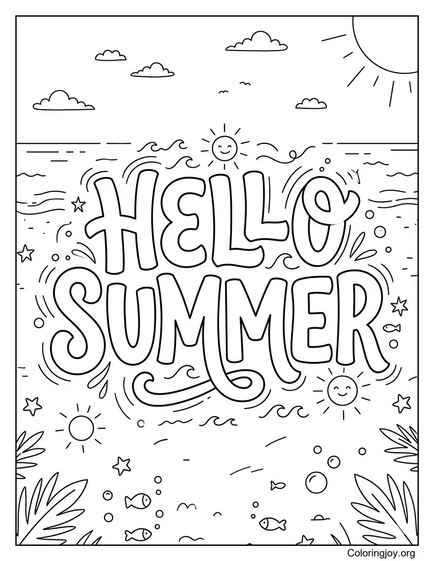 Foglio da colorare per bambini con testo in grassetto Hello Summer disegno da colorare