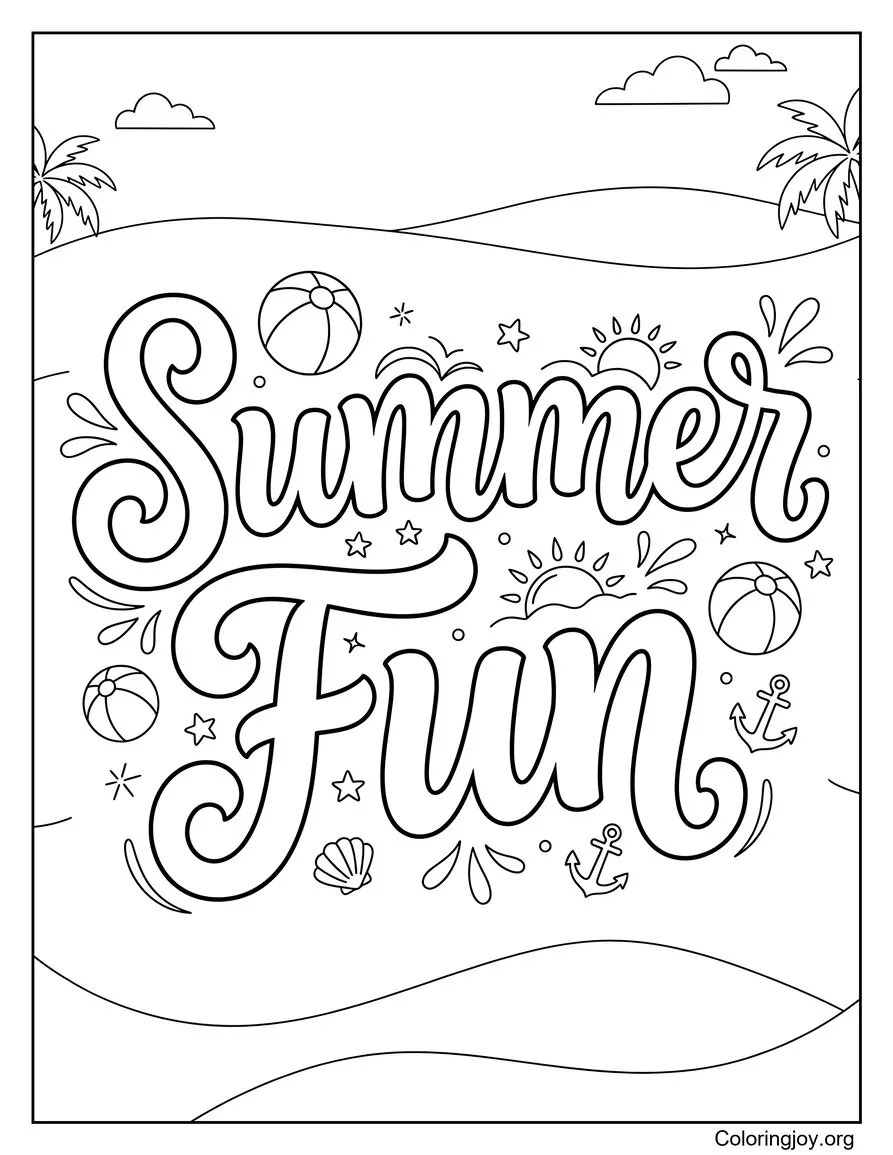Pagina da colorare per il divertimento estivo Scena luminosa disegno da colorare