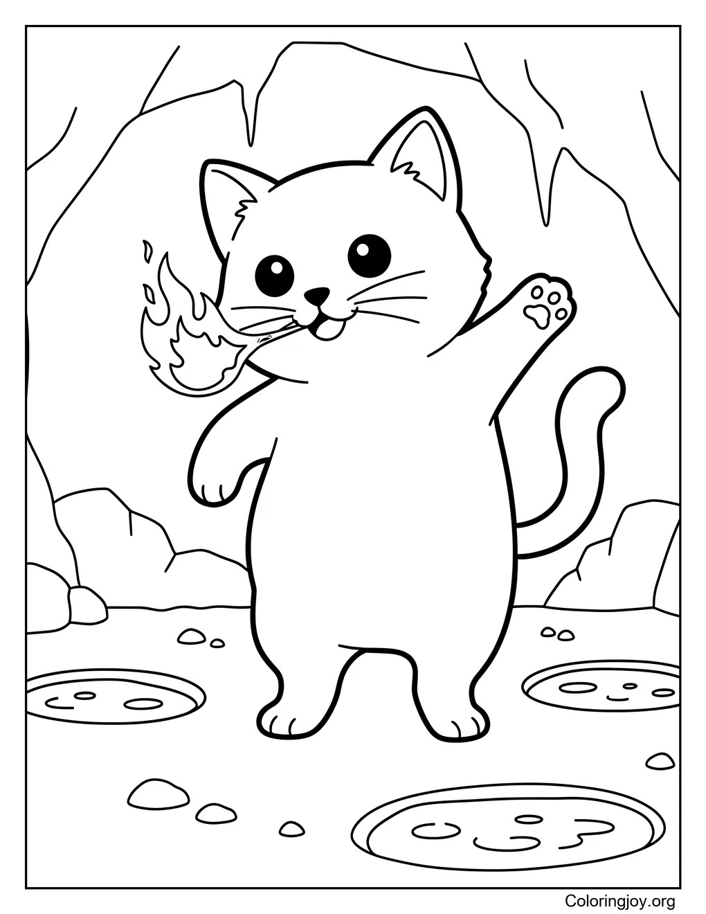 Breathing flames, this fantasy cat explores a magical cave.