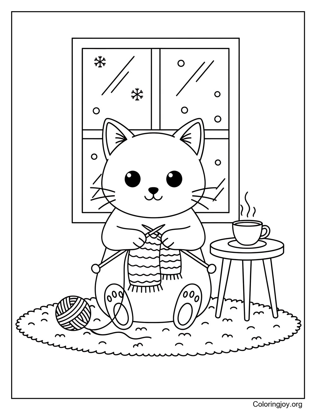Staying warm inside, this cat knits while snow falls outside.