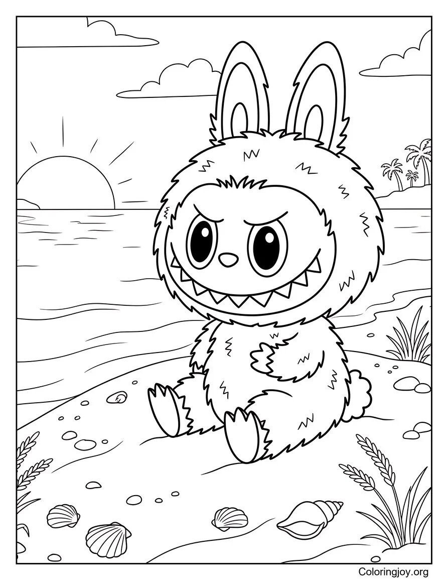 Viendo el atardecer en la playa Labubu-Hoja para colorear inspirada página para colorear