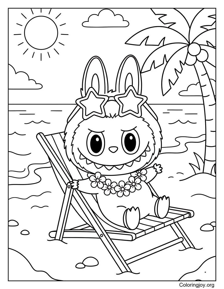 Relajarse con gafas de sol en una silla de playa Labubu-inspirada página para colorear